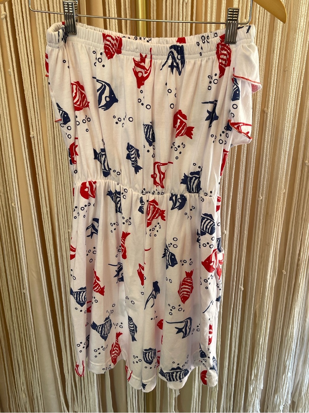 Strapless white romper with red & blue nautical fish print & ruffled neckline - Picture 10 of 10